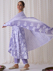 Lavender Printed A-Line Kurta Trousers With Dupatta set