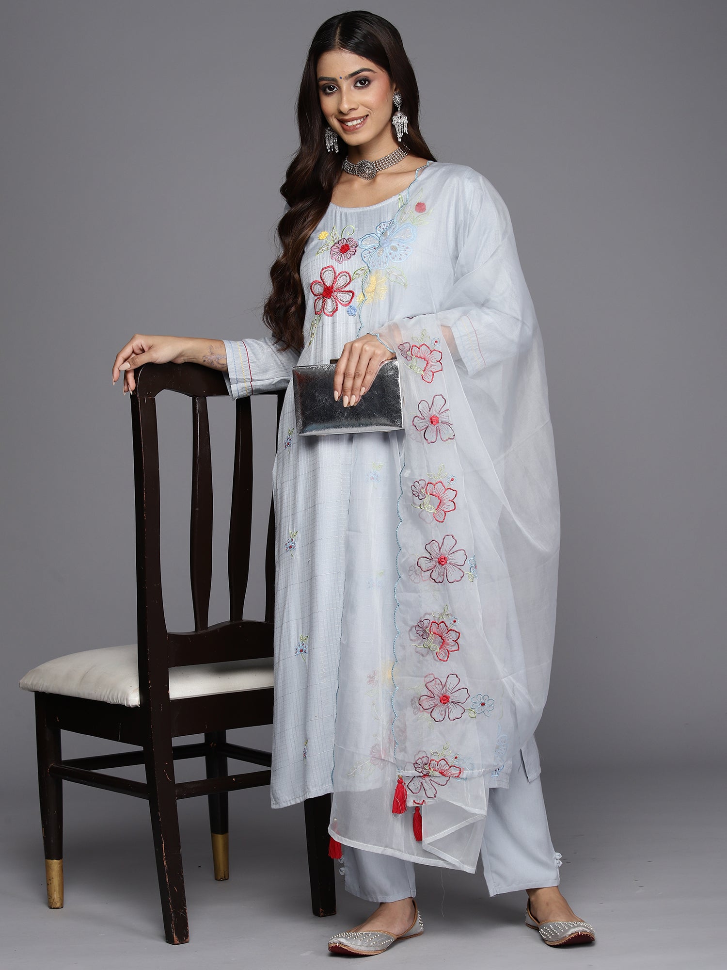 Indo Era Blue Embroidered Straight Kurta Trousers With Dupatta Set