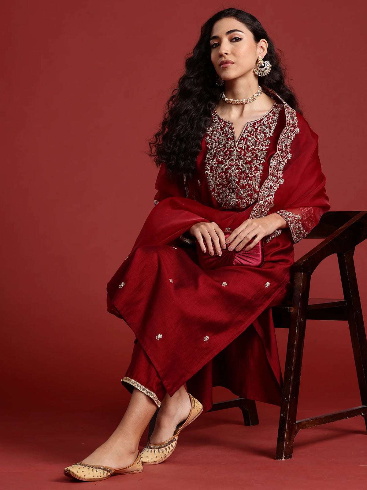 Maroon Embroidered Straight Kurta Trousers With Dupatta set