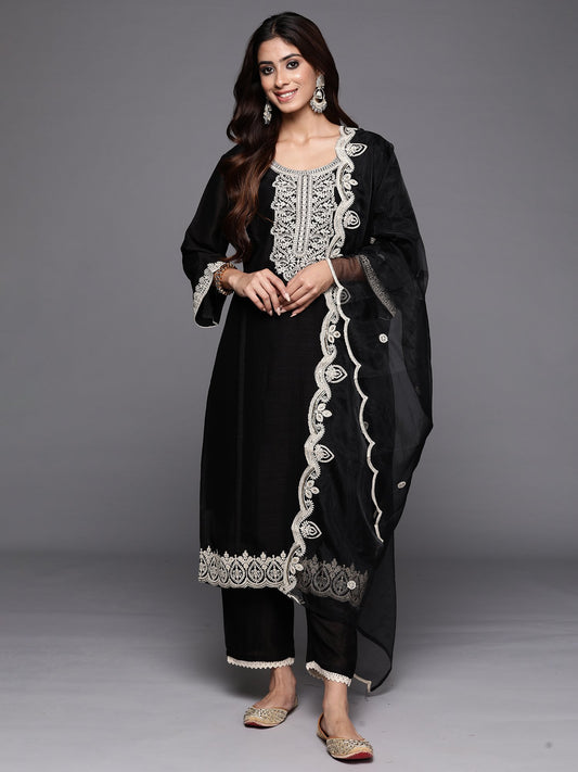 Indo Era Black Embroidered Straight Kurta Trousers With Dupatta Set