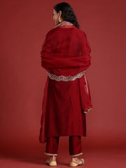 Maroon Embroidered Straight Kurta Trousers With Dupatta set