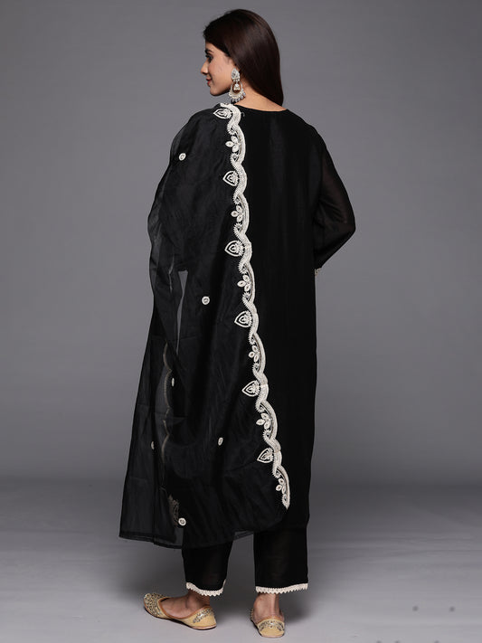 Indo Era Black Embroidered Straight Kurta Trousers With Dupatta Set