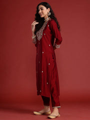 Maroon Embroidered Straight Kurta Trousers With Dupatta set