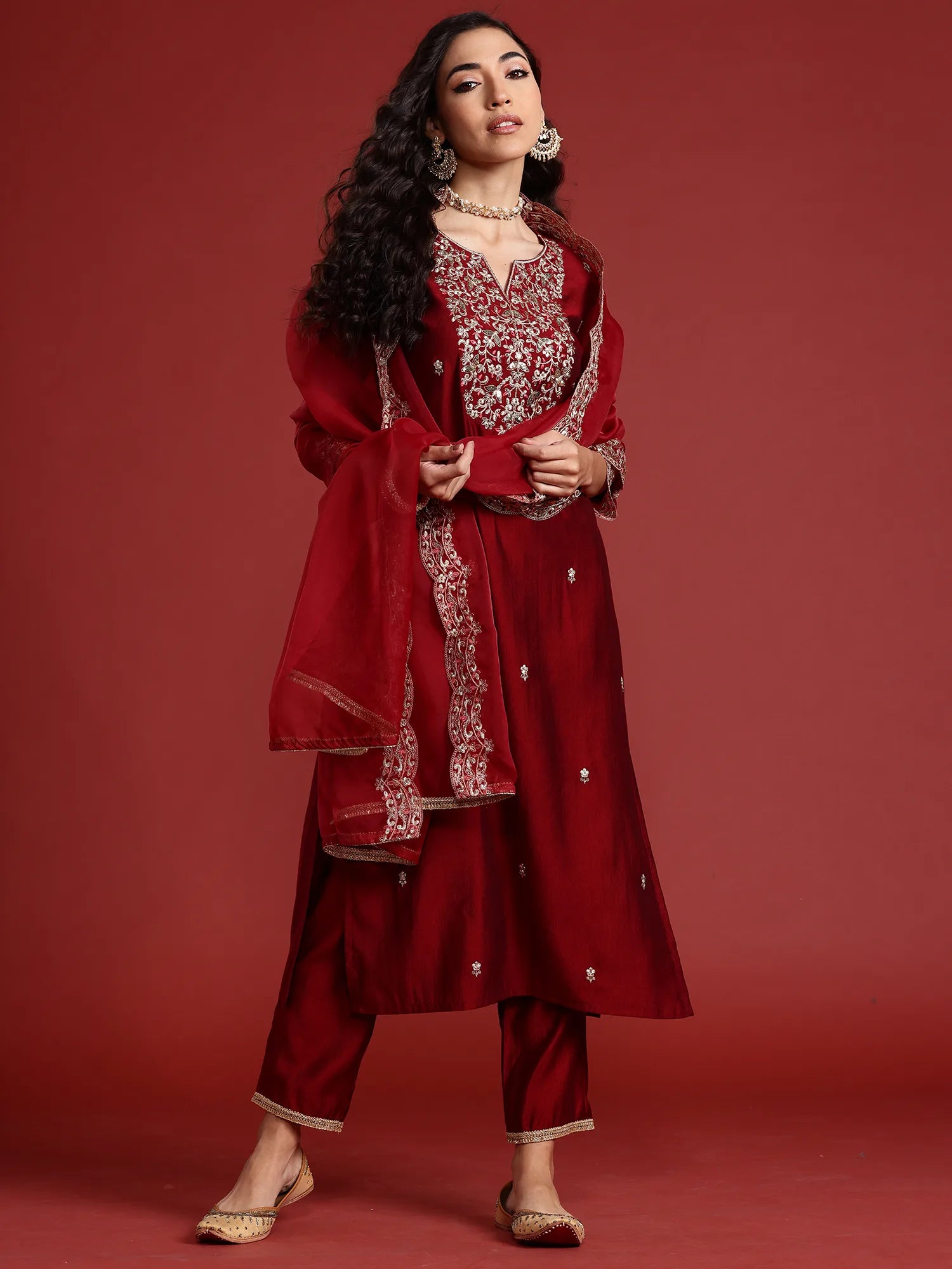 Maroon Embroidered Straight Kurta Trousers With Dupatta set