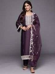 Indo Era Lavender Embroidered Straight Kurta Trousers With Dupatta Set