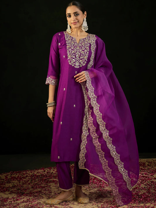 Purple Embroidered Straight Kurta Trousers With Dupatta set