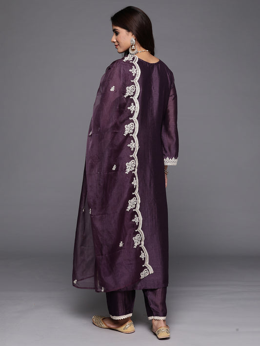 Indo Era Lavender Embroidered Straight Kurta Trousers With Dupatta Set