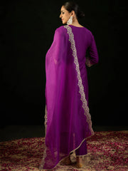 Purple Embroidered Straight Kurta Trousers With Dupatta set