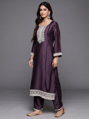 Indo Era Lavender Embroidered Straight Kurta Trousers With Dupatta Set