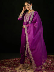 Purple Embroidered Straight Kurta Trousers With Dupatta set