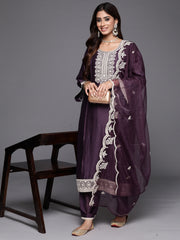 Indo Era Lavender Embroidered Straight Kurta Trousers With Dupatta Set