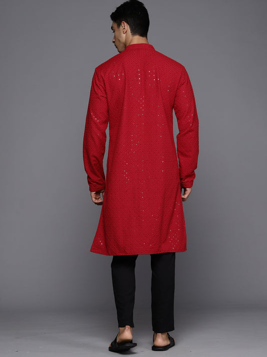 Men Red Floral Cotton Embroidered Straight Kurtas