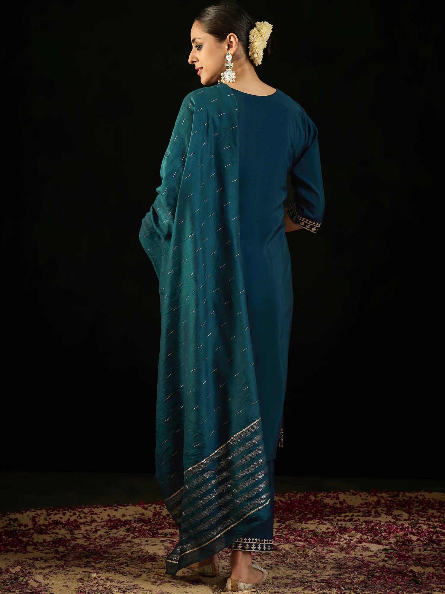 Teal Embroidered Straight Kurta Trousers With Dupatta set