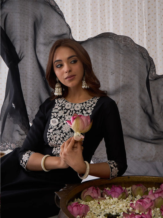 Black Embroidered Straight Kurta Trousers With Dupatta Set