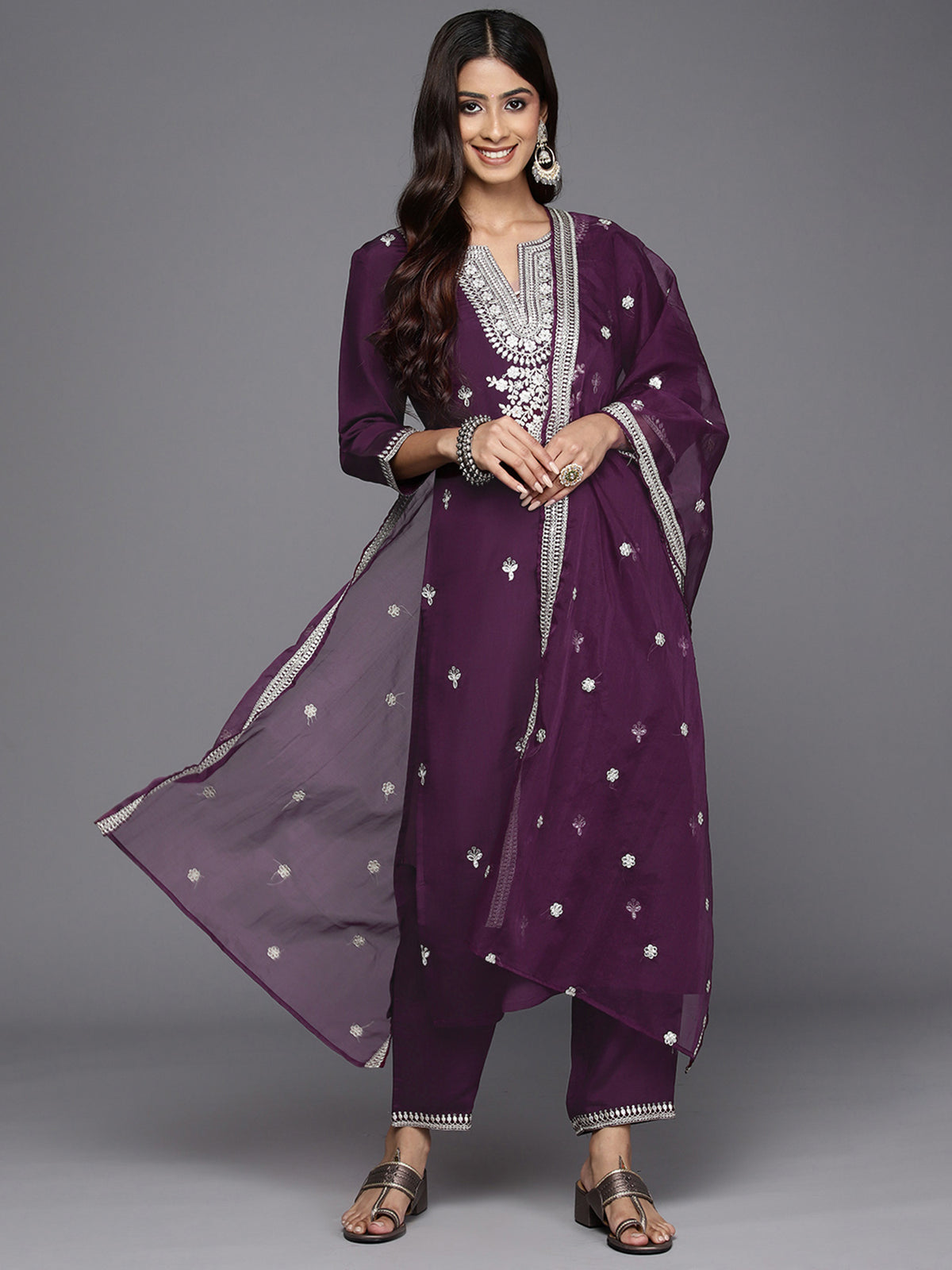 Indo Era Wine Embroidered Straight Kurta Trousers With Dupatta Set