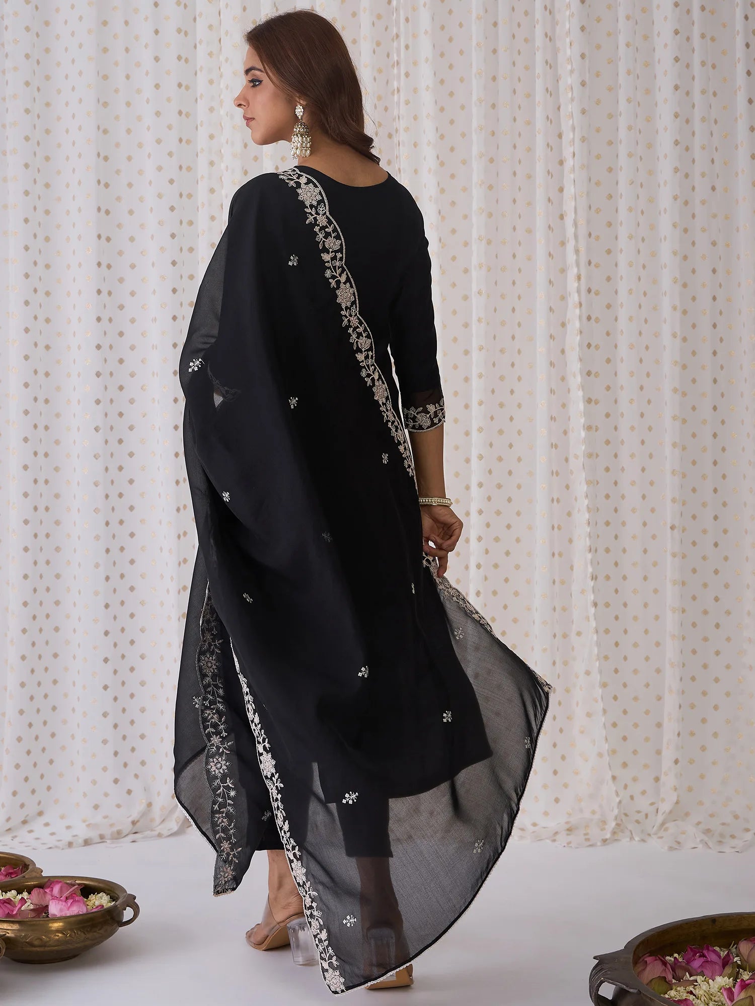 Black Embroidered Straight Kurta Trousers With Dupatta Set