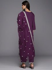 Indo Era Wine Embroidered Straight Kurta Trousers With Dupatta Set