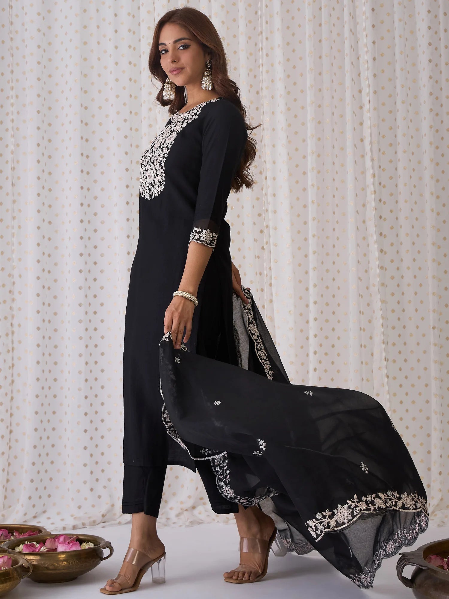 Black Embroidered Straight Kurta Trousers With Dupatta Set