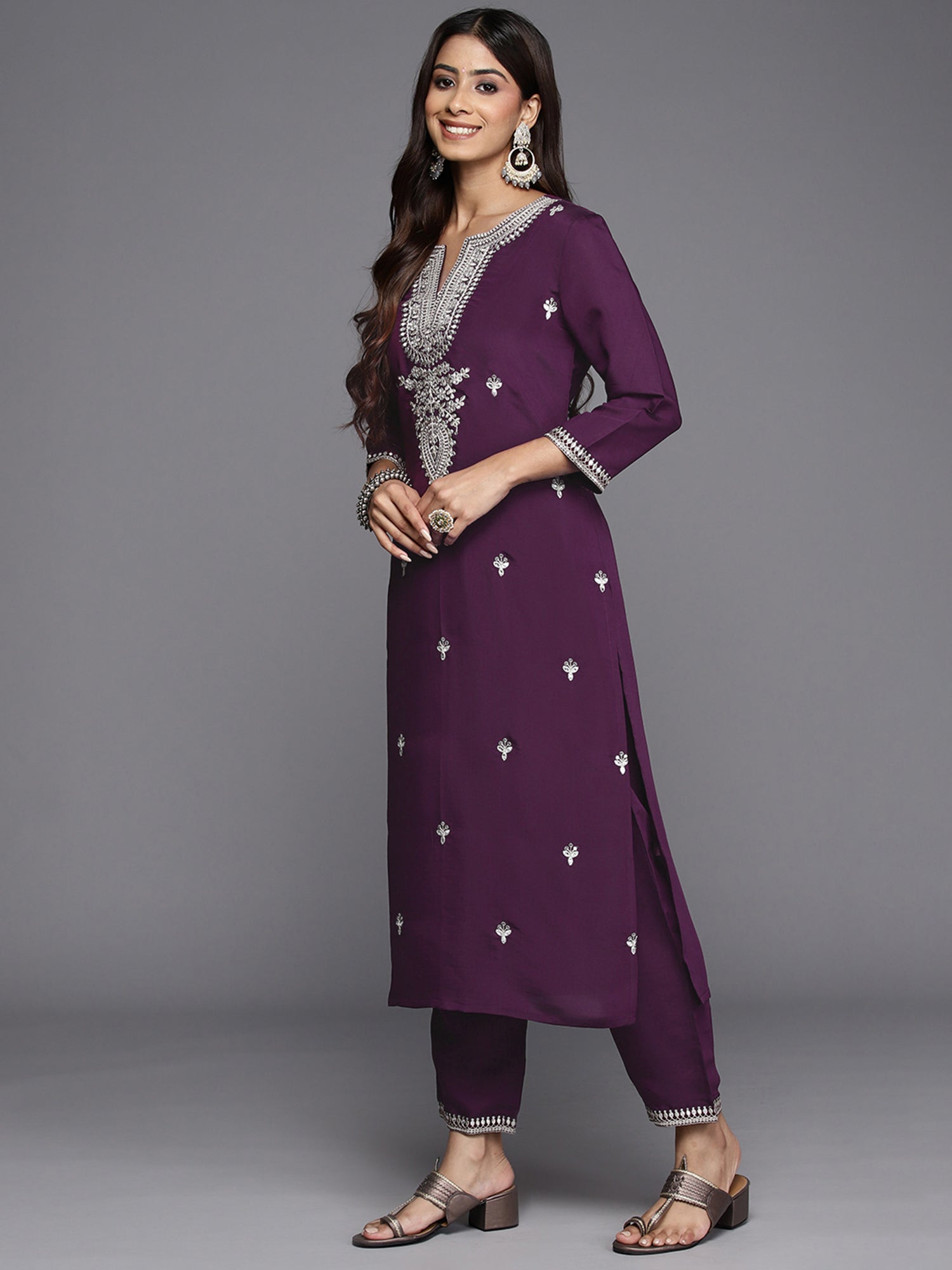 Indo Era Wine Embroidered Straight Kurta Trousers With Dupatta Set