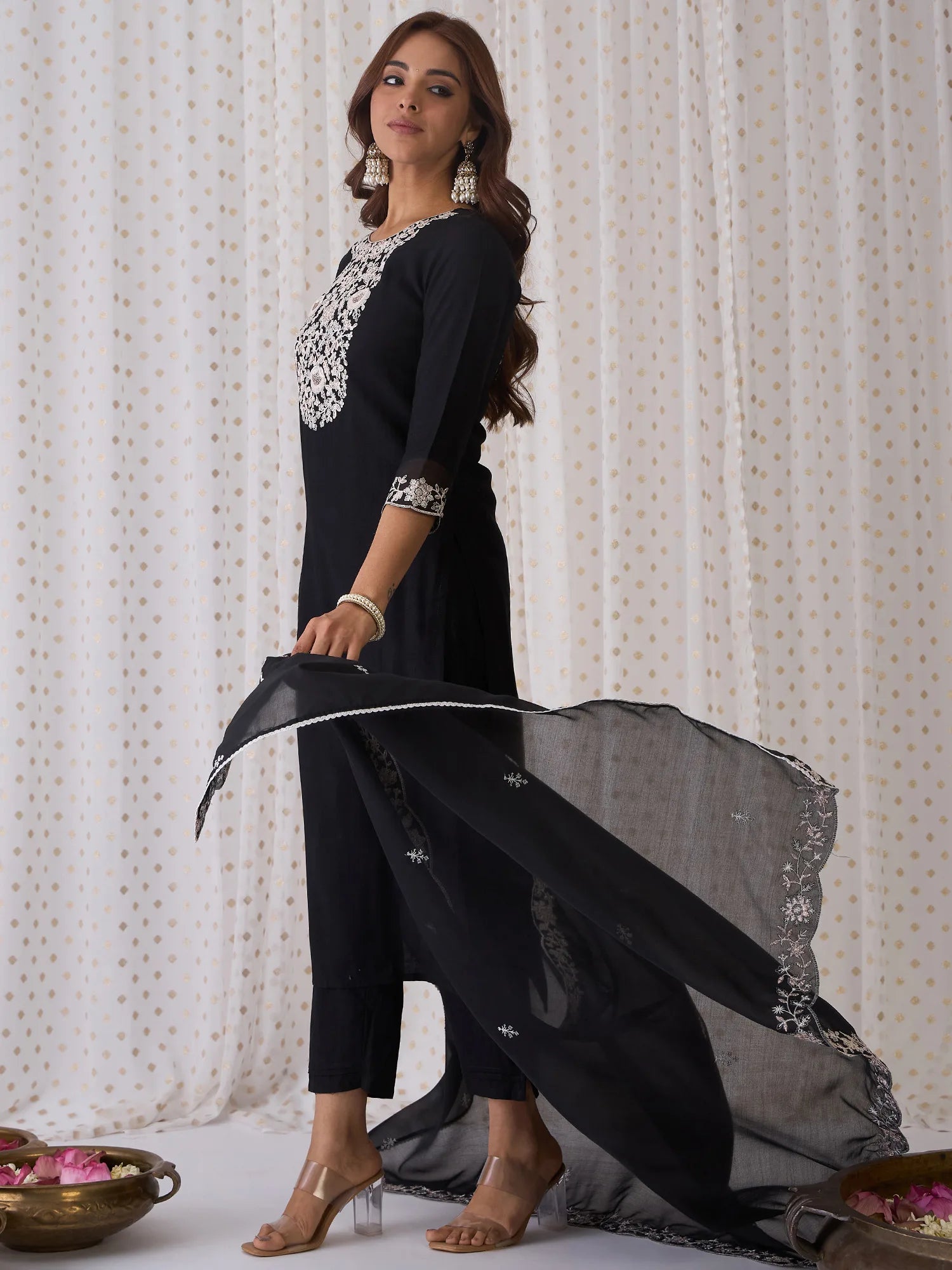 Black Embroidered Straight Kurta Trousers With Dupatta Set