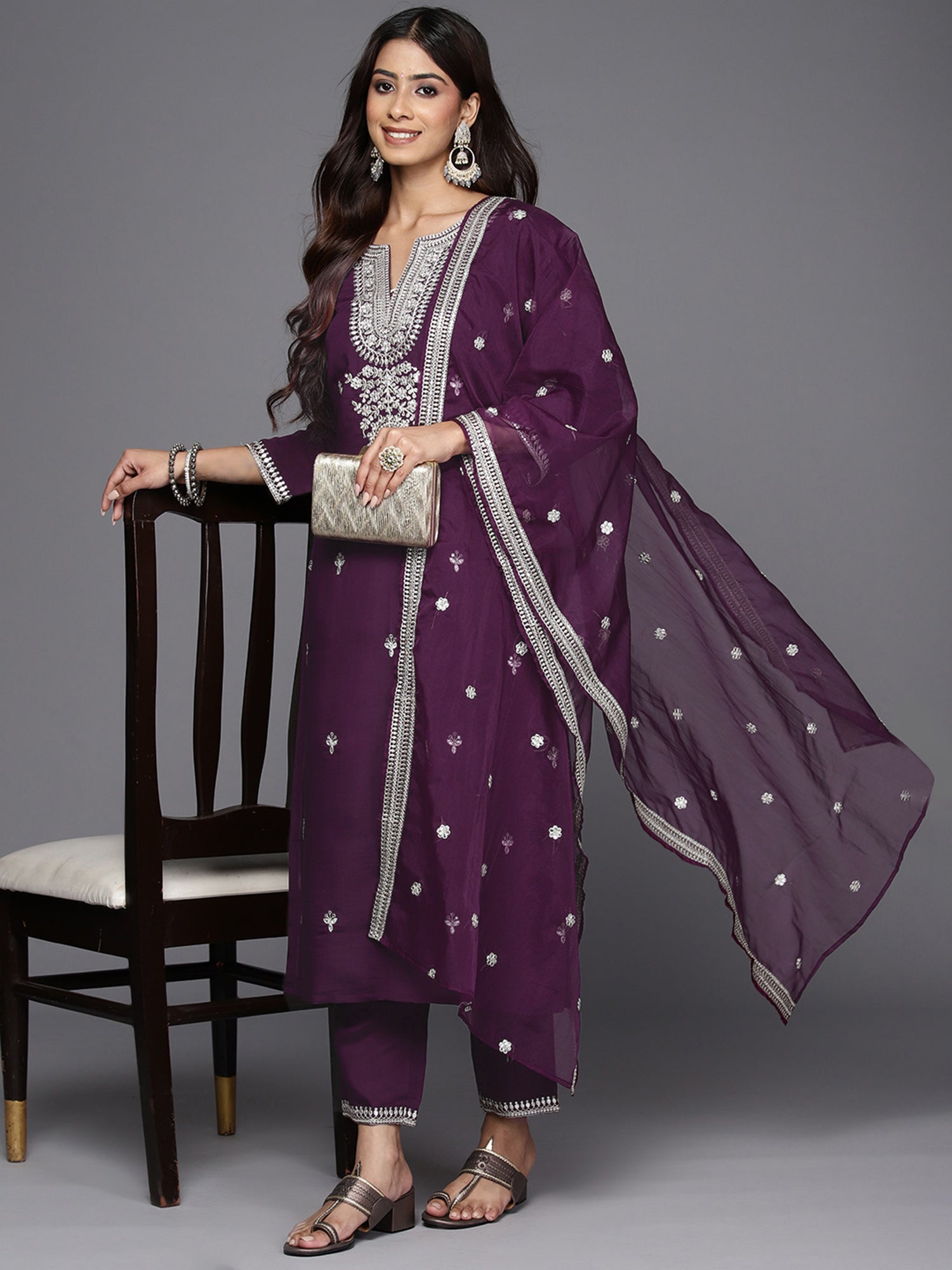 Indo Era Wine Embroidered Straight Kurta Trousers With Dupatta Set