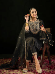 Black Embroidered Straight Kurta Trousers With Dupatta set