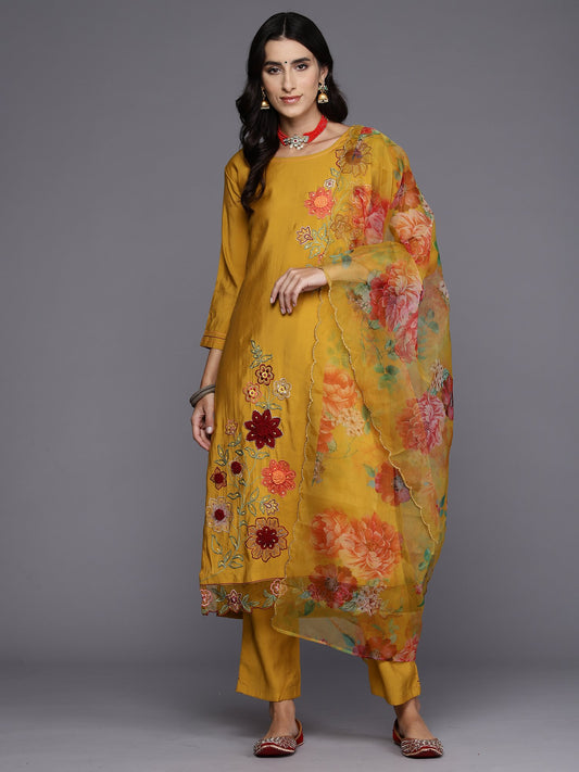 Indo Era Yellow Embroidered Straight Kurta Trousers With Dupatta Set