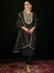 Black Embroidered Straight Kurta Trousers With Dupatta set