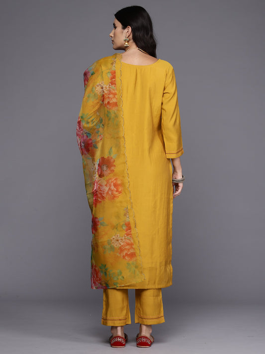 Indo Era Yellow Embroidered Straight Kurta Trousers With Dupatta Set