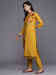 Indo Era Yellow Embroidered Straight Kurta Trousers With Dupatta Set