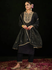 Black Embroidered Straight Kurta Trousers With Dupatta set