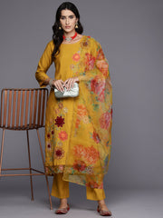 Indo Era Yellow Embroidered Straight Kurta Trousers With Dupatta Set