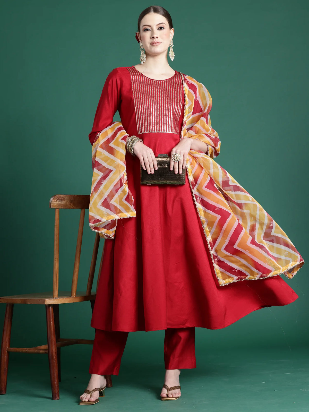 Red Embroidered A-Line Kurta Trousers With Dupatta set