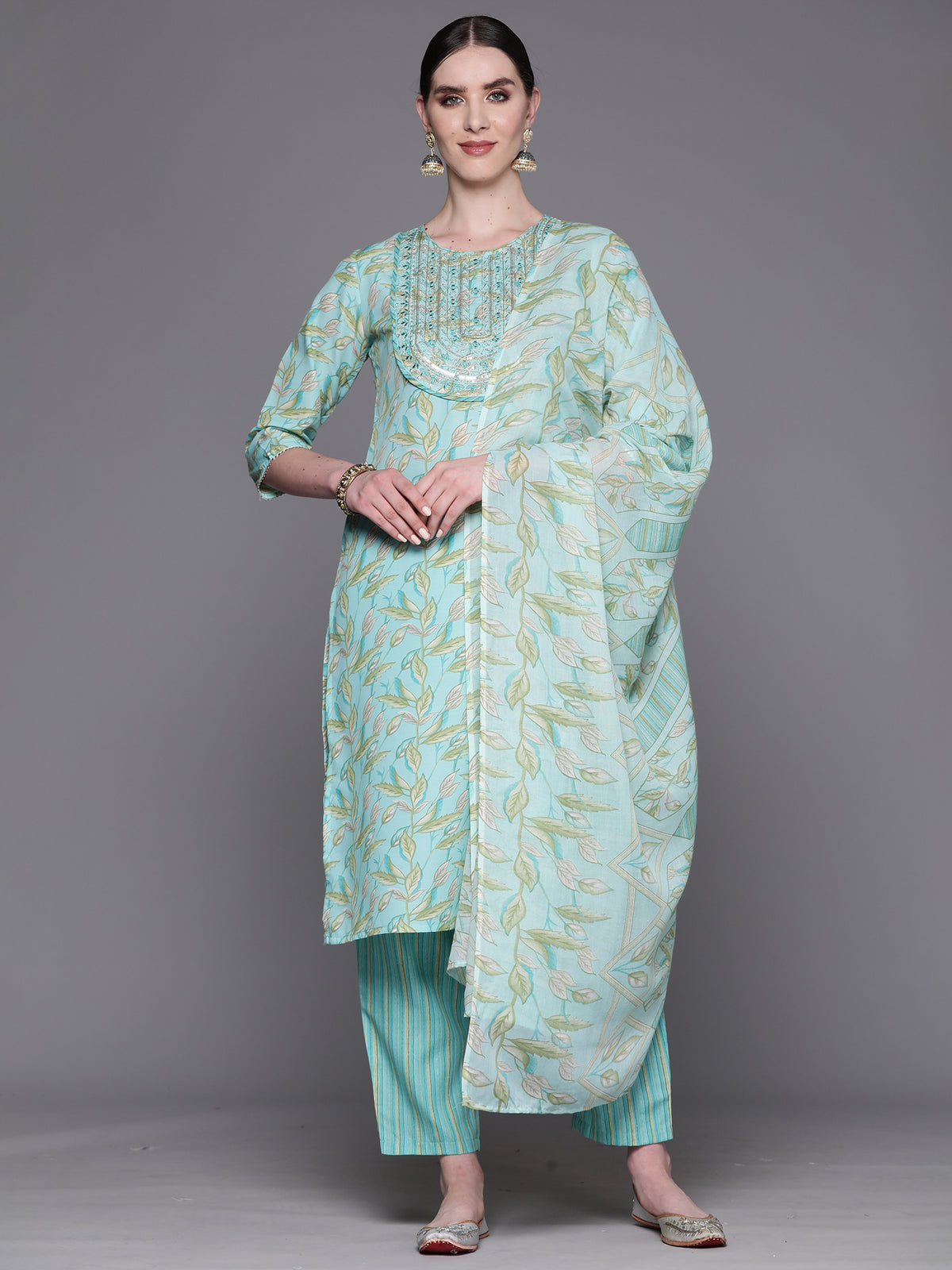 Indo Era Sea Green Embroidered Straight Kurta Trousers With Dupatta Set