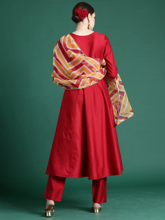 Red Embroidered A-Line Kurta Trousers With Dupatta set