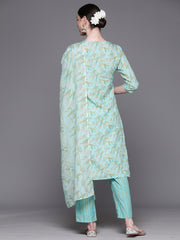 Indo Era Sea Green Embroidered Straight Kurta Trousers With Dupatta Set