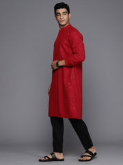 Men Red Floral Cotton Embroidered Straight Kurtas