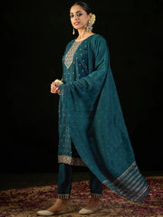 Teal Embroidered Straight Kurta Trousers With Dupatta set