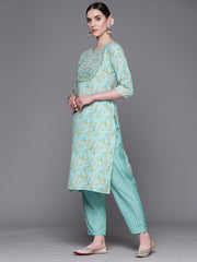 Indo Era Sea Green Embroidered Straight Kurta Trousers With Dupatta Set