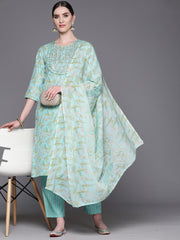 Indo Era Sea Green Embroidered Straight Kurta Trousers With Dupatta Set