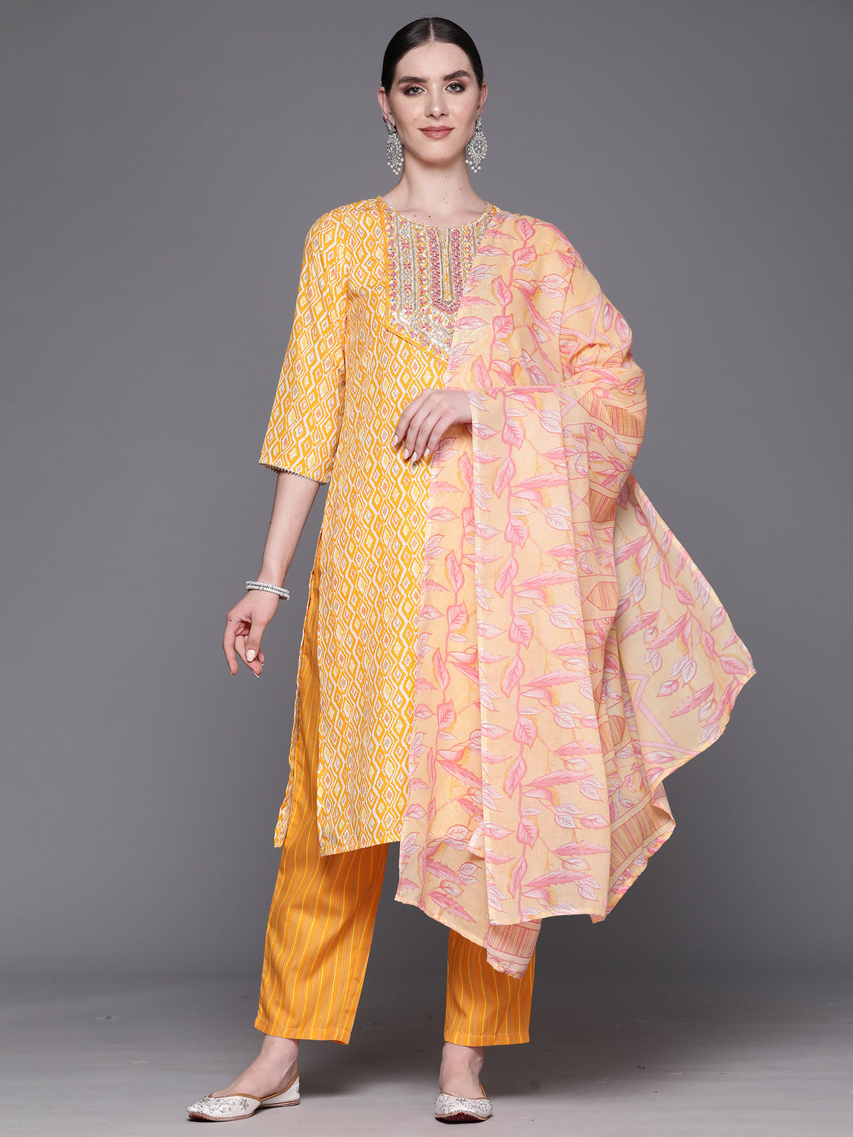 Indo Era Yellow Embroidered Straight Kurta Trousers With Dupatta Set