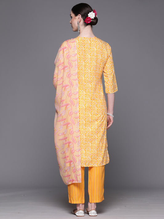 Indo Era Yellow Embroidered Straight Kurta Trousers With Dupatta Set