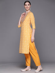 Indo Era Yellow Embroidered Straight Kurta Trousers With Dupatta Set