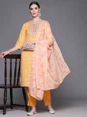 Indo Era Yellow Embroidered Straight Kurta Trousers With Dupatta Set