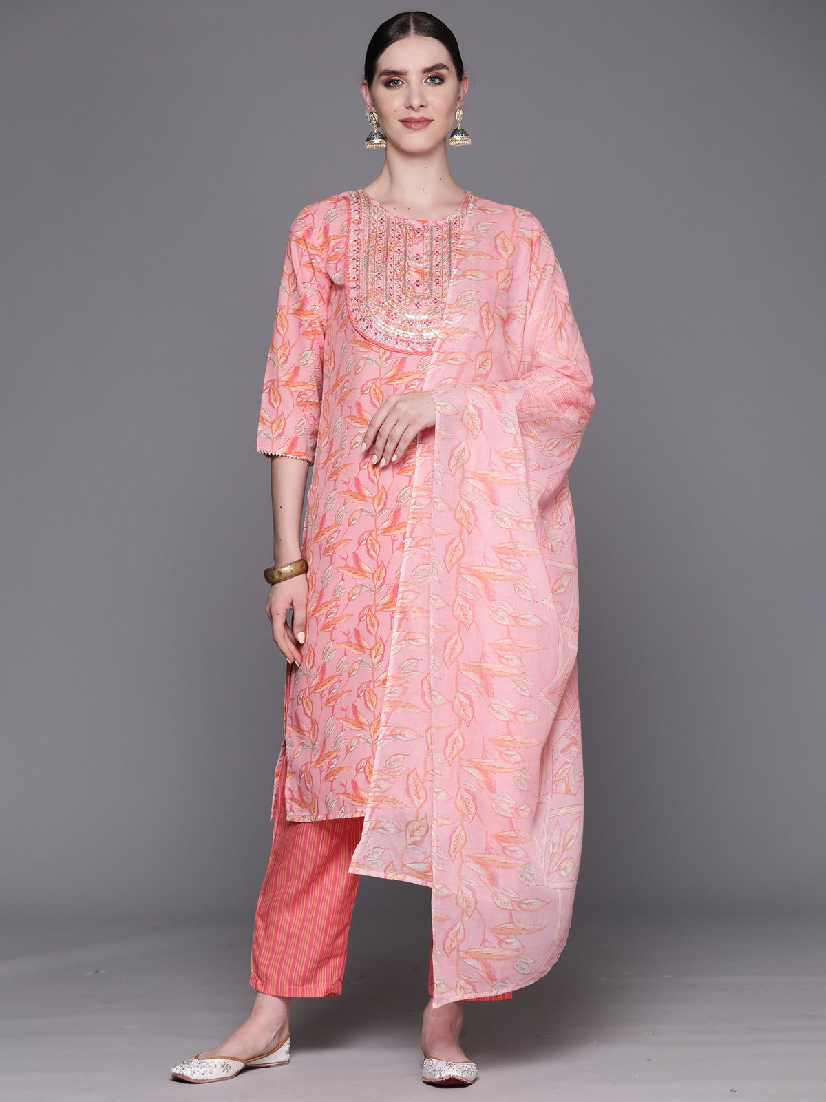 Indo Era Pink Embroidered Straight Kurta Trousers With Dupatta Set