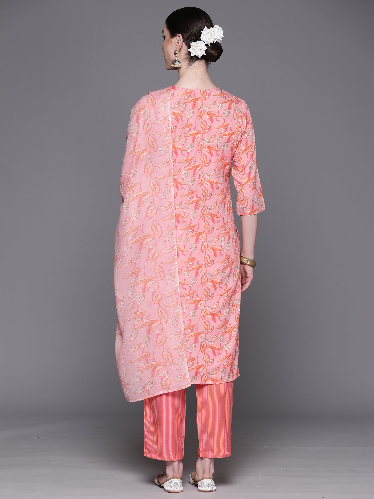 Indo Era Pink Embroidered Straight Kurta Trousers With Dupatta Set