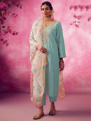 Blue Embroidered Straight Kurta Trousers With Dupatta set