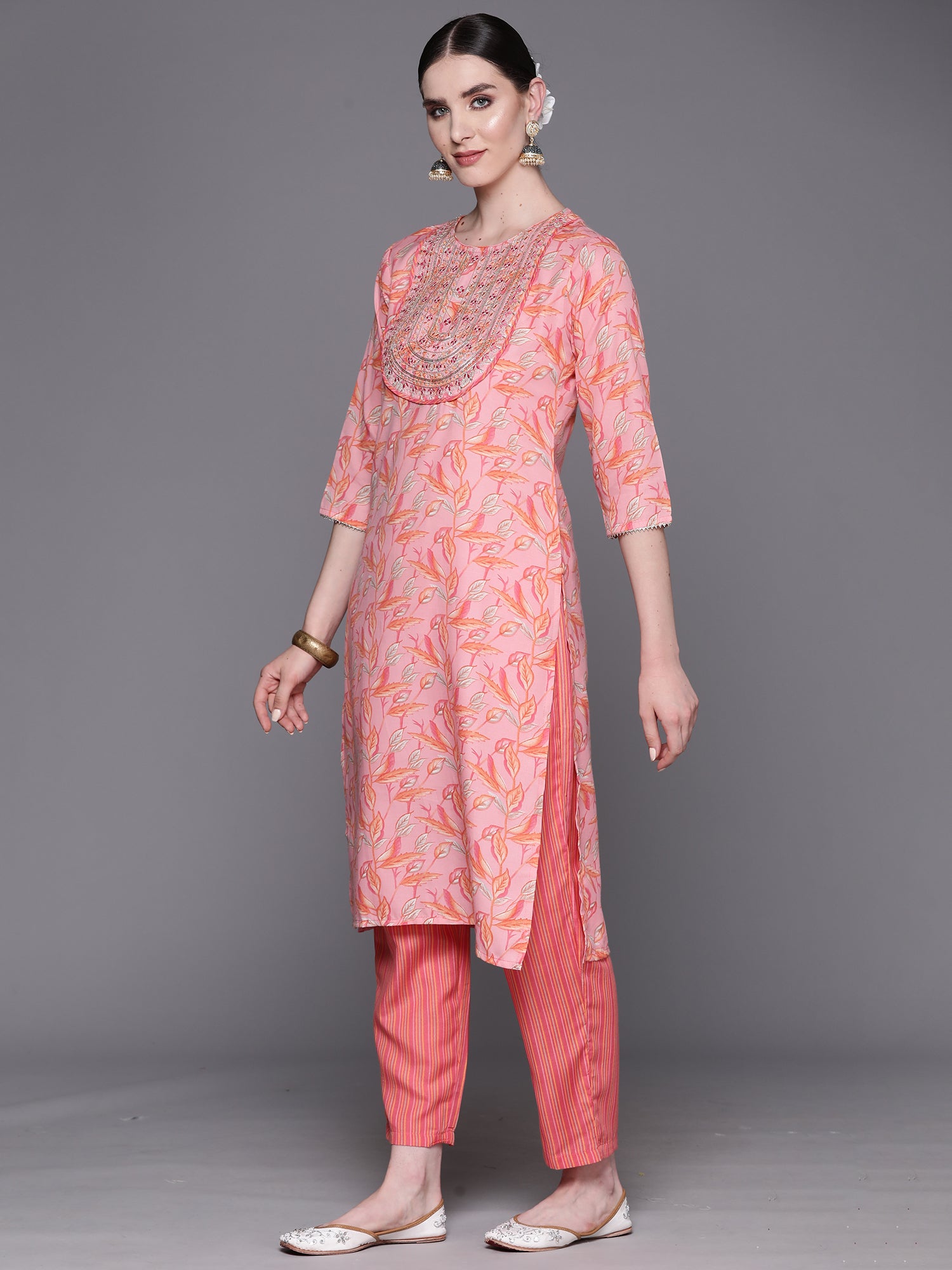 Indo Era Pink Embroidered Straight Kurta Trousers With Dupatta Set