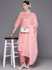 Indo Era Pink Embroidered Straight Kurta Trousers With Dupatta Set