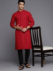 Men Red Floral Cotton Embroidered Straight Kurtas